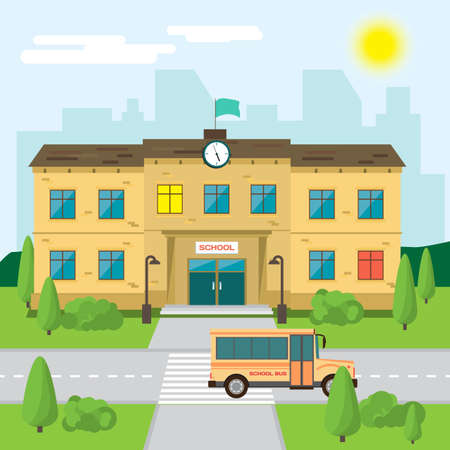 Welcome back to school. Building in park on the background of the city. Flat cartoon style illustrationのイラスト素材