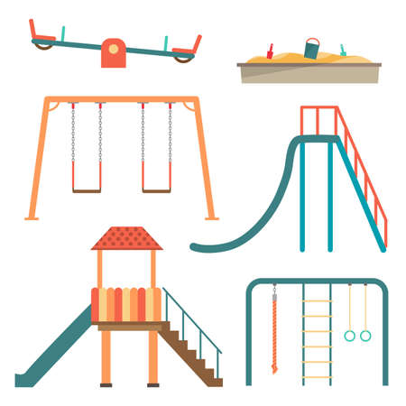 Kids playground flat cartoon set with swing carousels slides and stairs isolated vector illustrationのイラスト素材