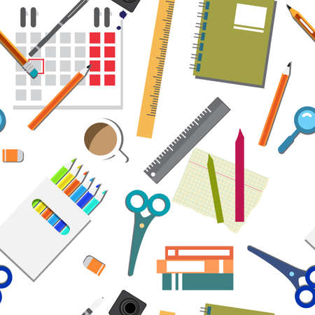 Vector seamless pattern of back to school flat cartoon style things for school, college, universityのイラスト素材
