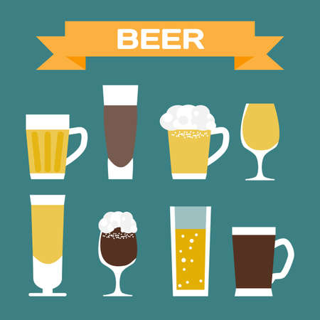 Set of beer glassware. Flat cartoon vector illustration. Wheat, lager, craft, aleのイラスト素材