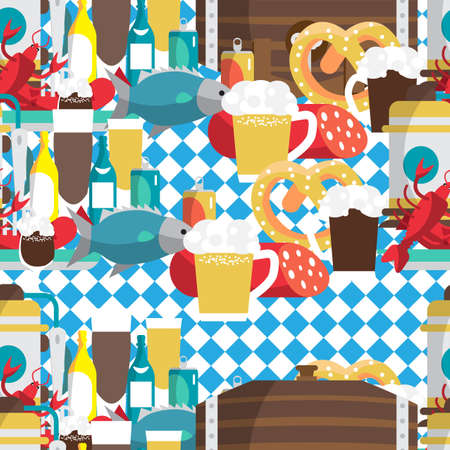 Textile seamless pattern flat cartoon style for Oktoberfest. Food, drink, beer, mug, cancer, dried fish, sausageのイラスト素材