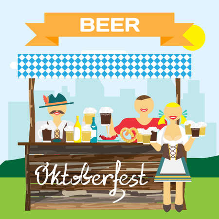Oktoberfest german man in national costume. Men drink beer out of large mugs. Girl waitress with a beer mugs. Vector flat cartoon illustrationのイラスト素材