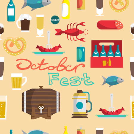 Textile seamless pattern flat cartoon style for Oktoberfest. Food, drink, beer, mug, cancer, dried fish, sausageのイラスト素材