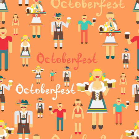 Textile seamless pattern flat cartoon style for Oktoberfest. Men drink beer out of large mugs. German women in national costume. Girl waitress with a trayのイラスト素材