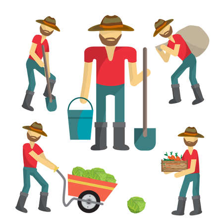 Farmers at work harvesting crops and vegetables with agricultural tools. Cartoon flat isolated vector illustrationのイラスト素材