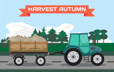 Tractor-trailer carrying potatoes in the countryside. Cartoon flat vector illustrationのイラスト素材