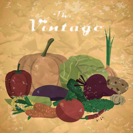 Fall harvest background with space for text. Autumn food festival. Pile of fresh vegetables. Vector flat cartoon illustration in vintage styleのイラスト素材