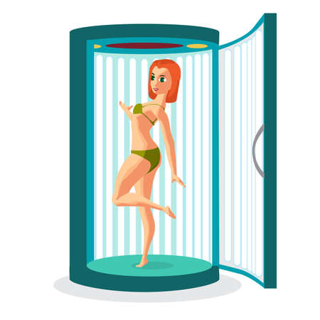 Young woman tanning in vertical solarium. Vector flat cartoon illustration isolated on a white backgroundのイラスト素材