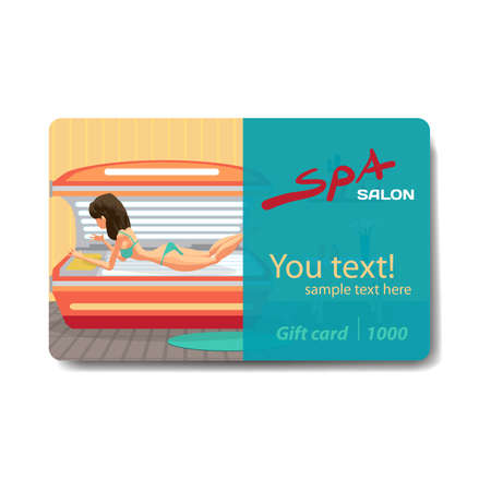Young woman tanning in solarium. Sale discount gift card. Branding design for spa salon or beauty parlorのイラスト素材