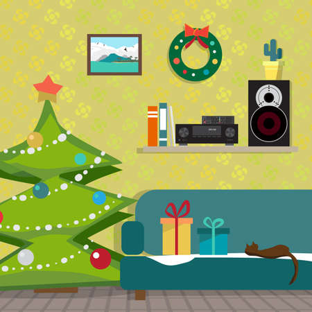 Christmas room interior. Christmas tree, gift and decoration. The music receiver and speaker on a shelf. Flat cartoon vector illustrationのイラスト素材