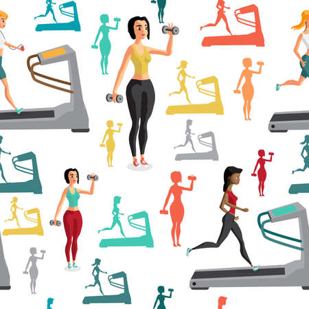 Young women involved in sports. They shall run on the treadmill, lift weights. Textile seamless pattern flat cartoon styleのイラスト素材