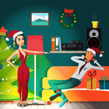 Christmas room interior. Christmas tree, gift and decoration. A woman and a man preparing for a party. Flat cartoon vector illustrationのイラスト素材
