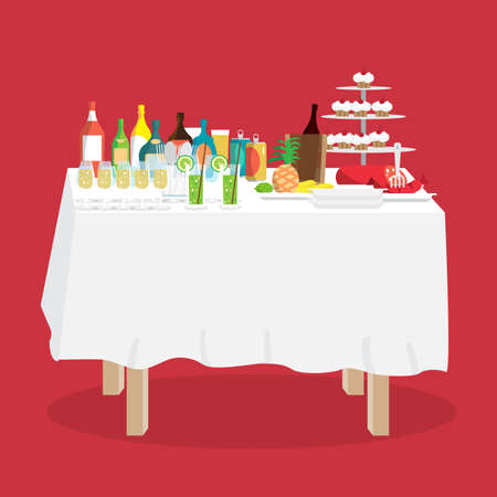 Buffet table with food and drinks. Cartoon style vector illustration isolated on white backgroundのイラスト素材