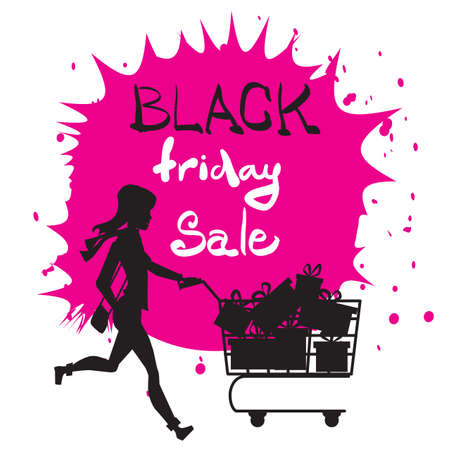 Cute cartoon slim woman silhouette running with shopping carts. Black friday sale design template. Vector flat illustrationのイラスト素材