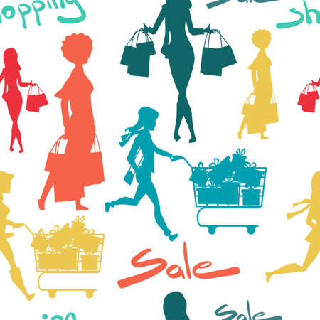 Seamless pattern cartoon slim woman silhouette with shopping bags. Black friday sale backgroundのイラスト素材