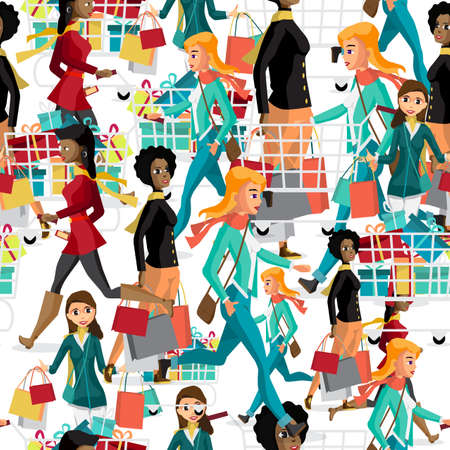 Seamless pattern women with shopping bags on Black Friday. Cartoon style vector  backgroundのイラスト素材