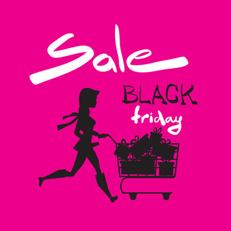 Cute cartoon slim woman silhouette running with shopping carts. Black friday sale design template. Vector flat illustrationのイラスト素材