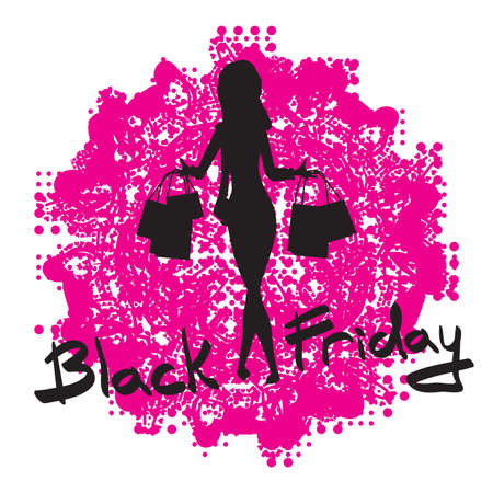 Cute cartoon slim woman silhouette with shopping bags. Black friday sale design template. Vector flat illustrationのイラスト素材