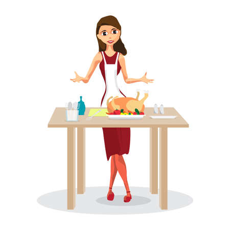Beautiful young woman cooking traditional turkey in the kitchen. Cartoon style vector illustration isolated on white backgroundのイラスト素材