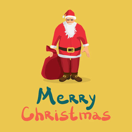 Santa Claus with a big bag of gifts. Cartoon style vector Greeting Card. Merry Christmas letteringのイラスト素材