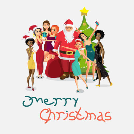 Vector Christmas New Year party invitation. Santa Claus is photographed with a group of girls. Cartoon flat style Greeting Cardのイラスト素材
