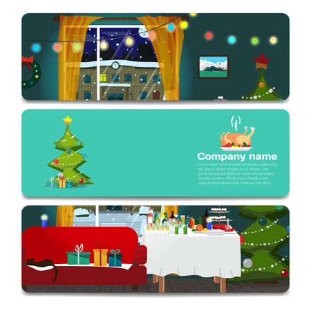 Interior room with a sofa and a window decorated for Christmas. Sale discount gift card. Branding design for the gift shop and holiday salesのイラスト素材