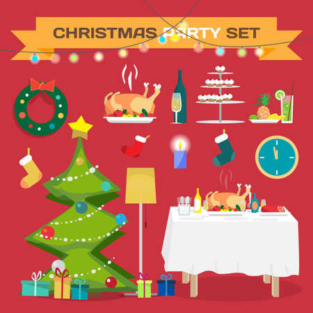 Set of festive items for Christmas and New Year. Christmas tree, table, food, gifts. Flat cartoon vector illustrationのイラスト素材