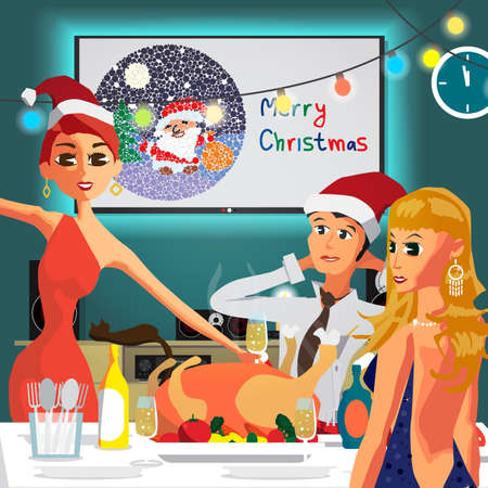 Home Party New Year or Christmas. Feast guests and congratulations pronunciation. Flat cartoon vector illustrationのイラスト素材