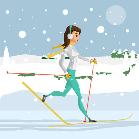 Pretty young woman on cross country skiing running in the woods on a snowy day. Flat cartoon vector illustrationのイラスト素材