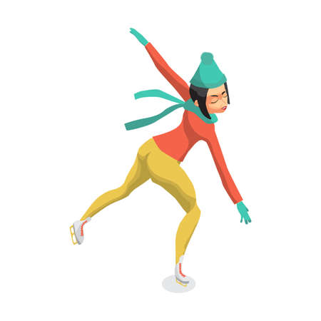 Winter sports. Cartoon skating woman training. Girl makes a difficult turn. Flat vector illustration isolated on white backgroundのイラスト素材
