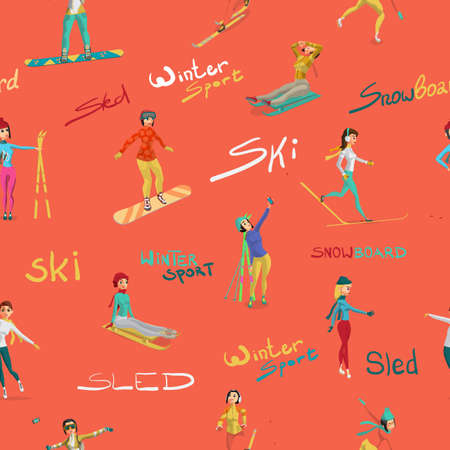 Seamless pattern Girls engaged in winter sports. Cartoon style vector backgroundのイラスト素材
