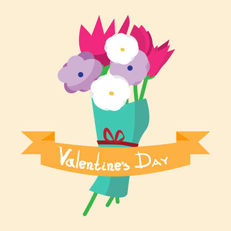 Valentine`s day background. Congratulatory bouquet of flowers with ribbon. Vector flat cartoon illustration.のイラスト素材