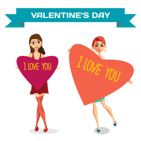 Young women holding large posters in the shape of a heart. Happy Valentines day card vector cartoon illustrationのイラスト素材