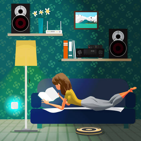 Young woman lying on the couch and reading a book. Robot vacuum cleaner clean floor. Robotics technology concept smart home. Vector flat cartoon illustrationのイラスト素材