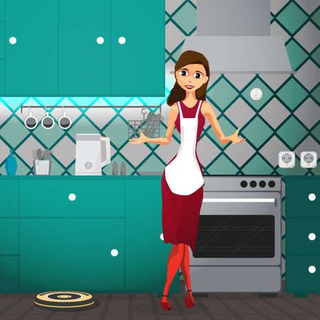 Young woman in the kitchen. Kettle, temperature sensors, electrical sockets controlled by wifi. Robot vacuum cleaner clean floor. Technology concept smart home. Vector flat cartoon illustrationのイラスト素材