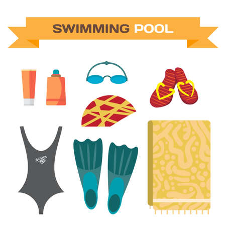 Swimwear and accessories for swimming. Bathing suit, swimming trunks, goggles, towel, flip flips, swim cap, soap. Flat cartoon isolated vector illustrationのイラスト素材