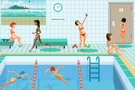 Public swimming pool inside with blue water. Women engaged in water sports. Flat cartoon vector illustrationのイラスト素材