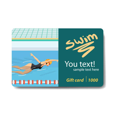 Young woman in sports swimsuit swims in the pool. Club card or flyer. Sale discount gift card. Branding design for swimming pool.のイラスト素材