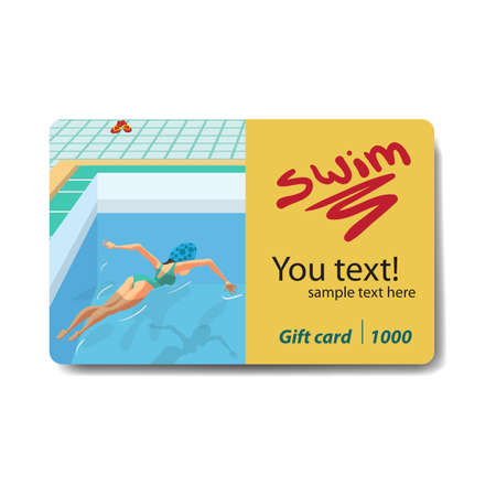 Young woman in sports swimsuit swims in the pool. Club card or flyer. Sale discount gift card. Branding design for swimming pool.のイラスト素材