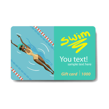 Young woman in sports swimsuit swims in the pool. Club card or flyer. Sale discount gift card. Branding design for swimming pool.のイラスト素材