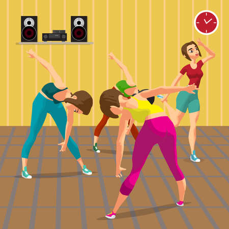 Young women doing fitness group exercises in the gym, under the guidance of a coach. Flat cartoon vector illustrationのイラスト素材