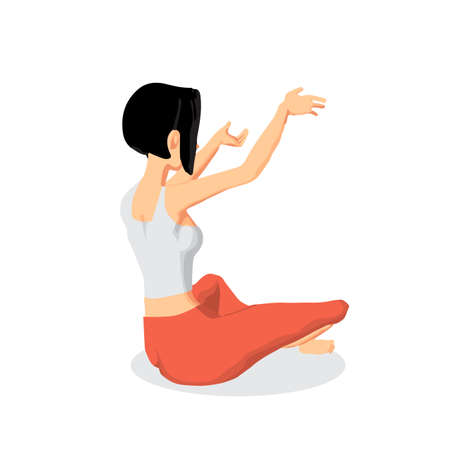 Young beautiful woman sitting in yoga pose. Back view. Flat cartoon isolated vector illustrationのイラスト素材