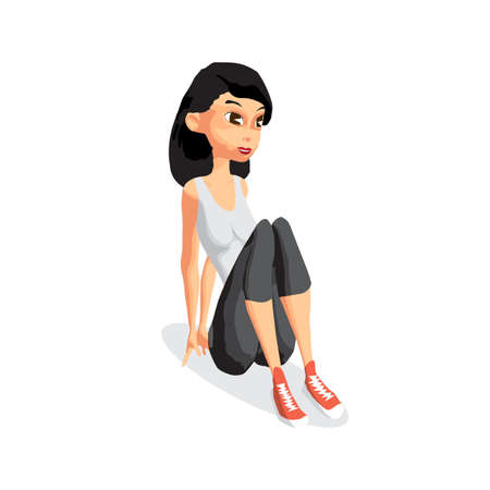 Young woman doing exercises to build abdominal muscles. The girl in a sports suit is engaged in activities in the gym. Flat cartoon isolated vector illustrationのイラスト素材
