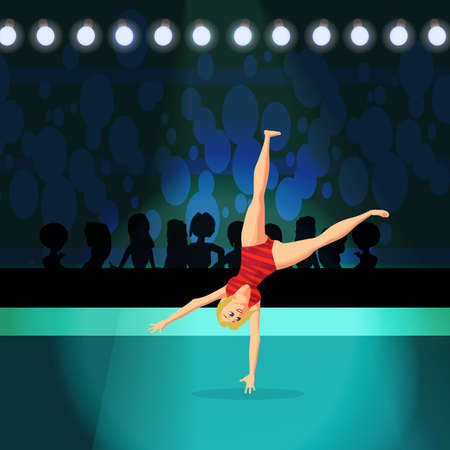 Girl doing Rhythmic Gymnastics on shiny stadium. Sportswoman in a red sports uniform doing a somersault. Flat cartoon vector illustrationのイラスト素材