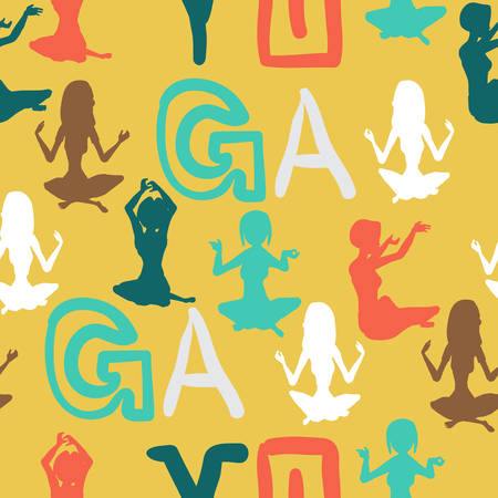 Seamless textile pattern of the silhouettes women involved in fitness yoga. Vector flat cartoon backgroundのイラスト素材