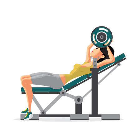 Young woman with barbell flexing muscles in gym. Flat cartoon isのイラスト素材