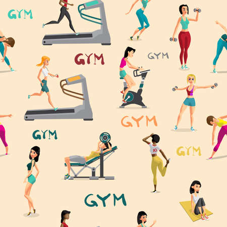Seamless pattern women doing fitness exercises in the gym. Cartoのイラスト素材