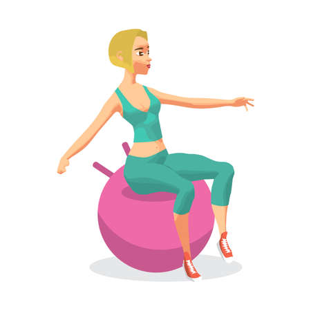 Blonde woman sitting on a gymnastic ball in the gym.のイラスト素材