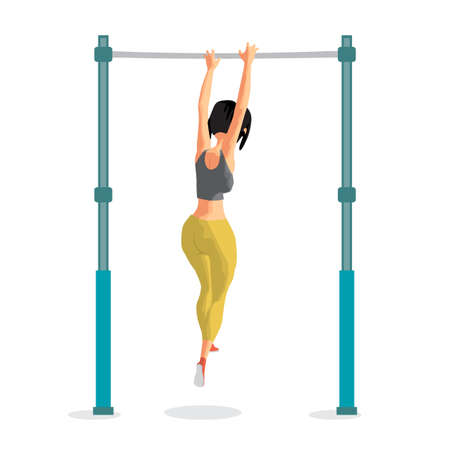 Young woman in sports clothes hanging on a horizontal bar.