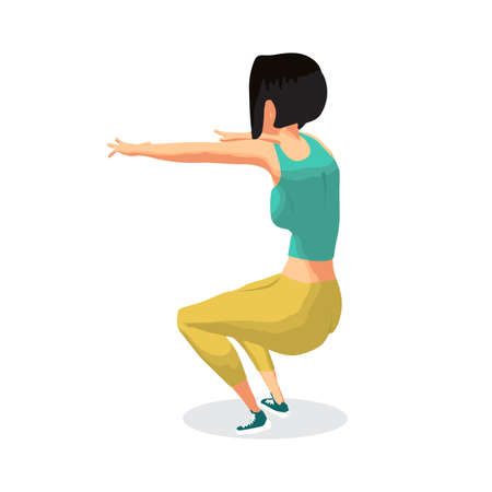 Fitness young woman in sportswear performs squats in the gym. The girl squatted her arms. Back view. Flat cartoon isolated vector illustration.のイラスト素材